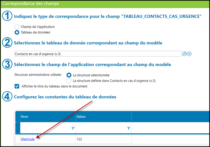 Définir une correspondance pour un tableau de données
