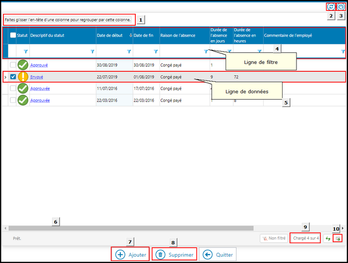 Fenêtre de type « gestion de données » (avec grille dynamique) Fenêtre de type « gestion de données » (avec grille dynamique)